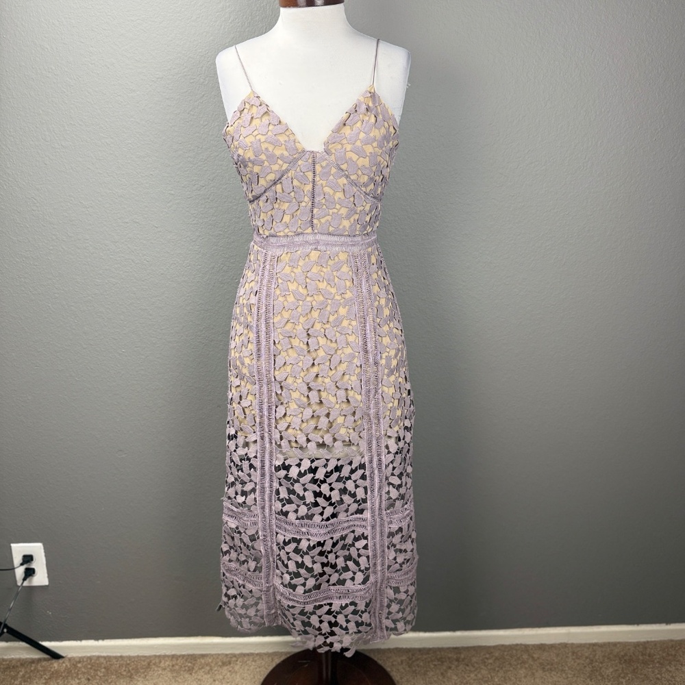 Self Portrait Lilac Guipure Lace V-neck midi dress Sz 4 Spring Kentucky Derby - Picture 3 of 11